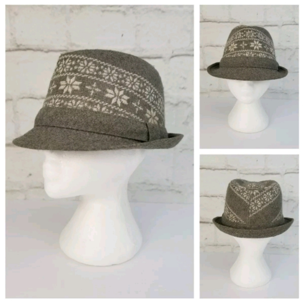 Wool Blend Fedora Hat Gray w/ White Fair Isle